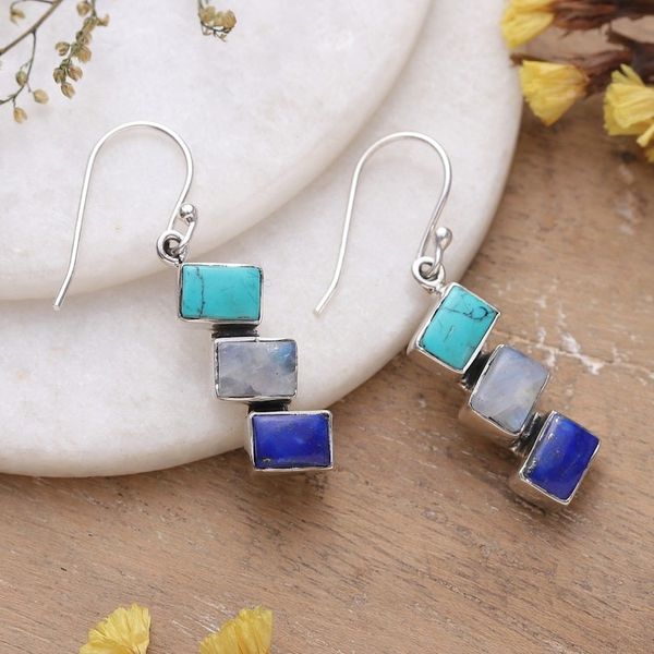 Alternate image for Geometric Blue-Toned Multi-Gemstone Dangle Earrings Oceanic Ladders