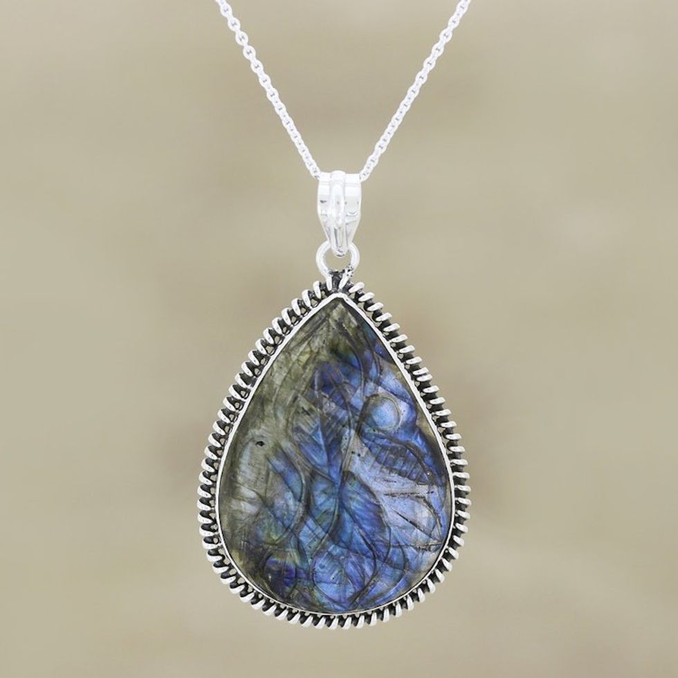 Carved Labradorite Pendant Necklace 'Aurora Garden'
