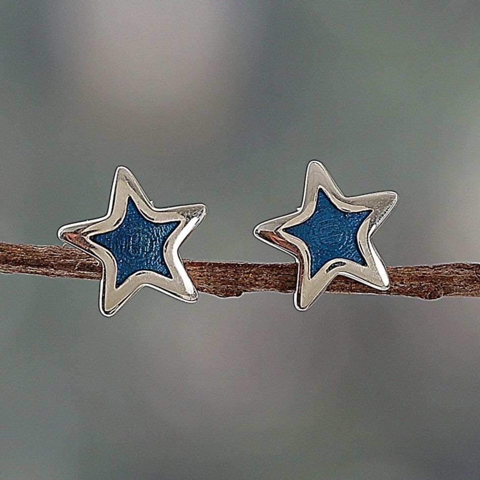 Hand-Painted Polished Silver Blue Star Stud Earrings 'Blue Sparkly Star'