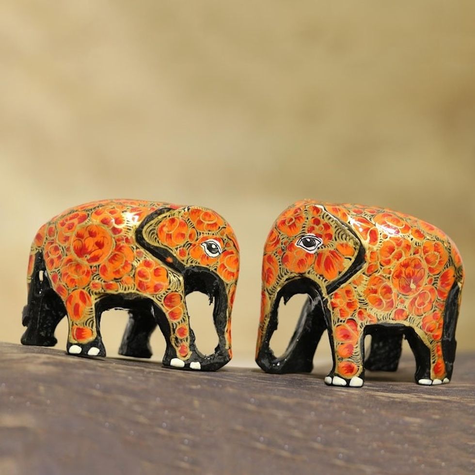 Hand Painted papier Mache Elephants pair 'Orange Flower Friends'