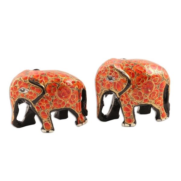 Alternate image for Hand Painted papier Mache Elephants pair Orange Flower Friends