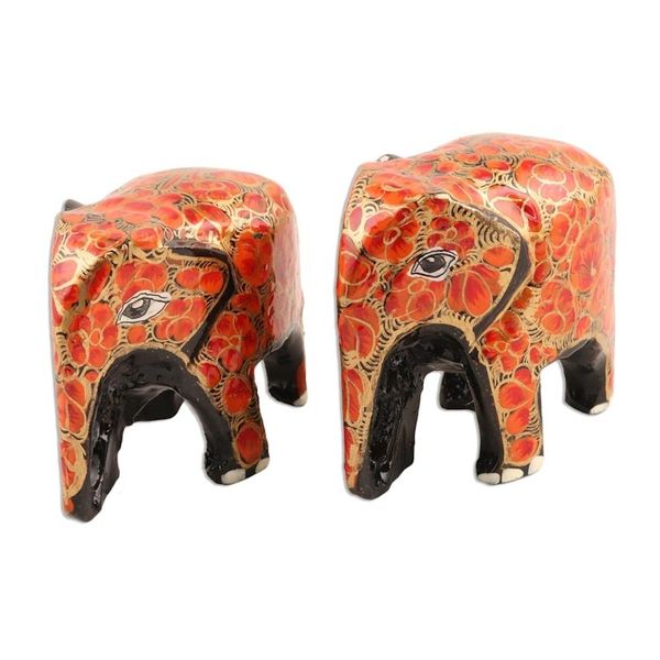 Alternate image for Hand Painted papier Mache Elephants pair Orange Flower Friends