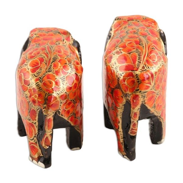 Alternate image for Hand Painted papier Mache Elephants pair Orange Flower Friends