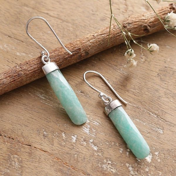 Alternate image for High-Polished Minimalist Natural Amazonite Dangle Earrings Fragments of Truth
