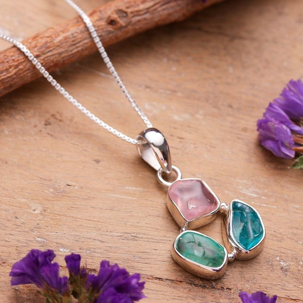 Sterling Silver Apatite and Rose Quartz Pendant Necklace 'Spectacular Trio'