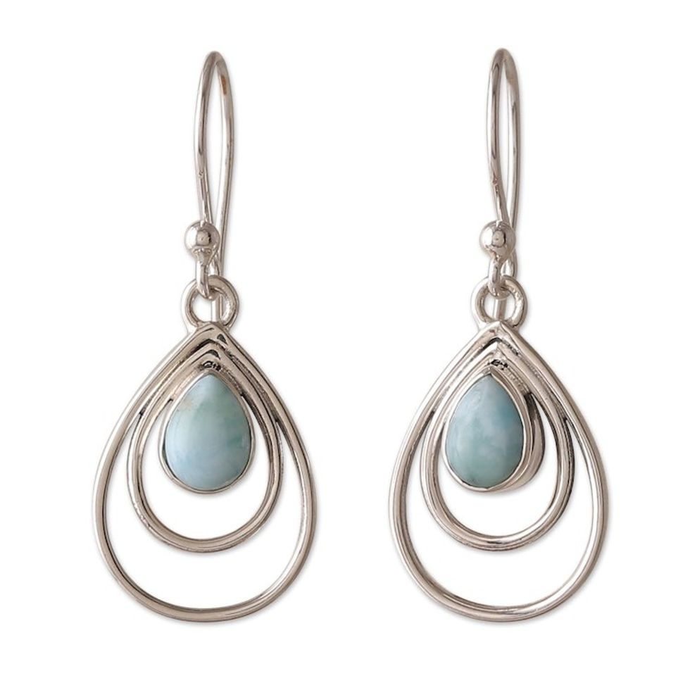 Polished Drop-Shaped Natural Larimar Dangle Earrings 'Healing Drops'