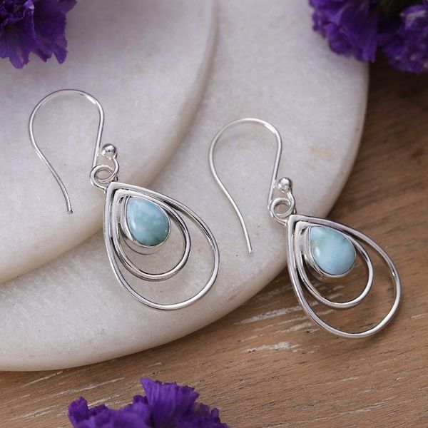 Alternate image for Polished Drop-Shaped Natural Larimar Dangle Earrings Healing Drops