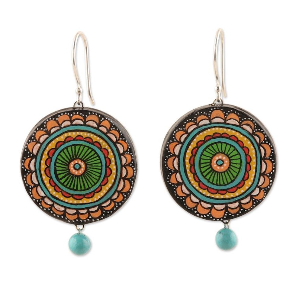 Hand-Painted Mandala-Themed Ceramic Dangle Earrings 'Jungle Mandala'