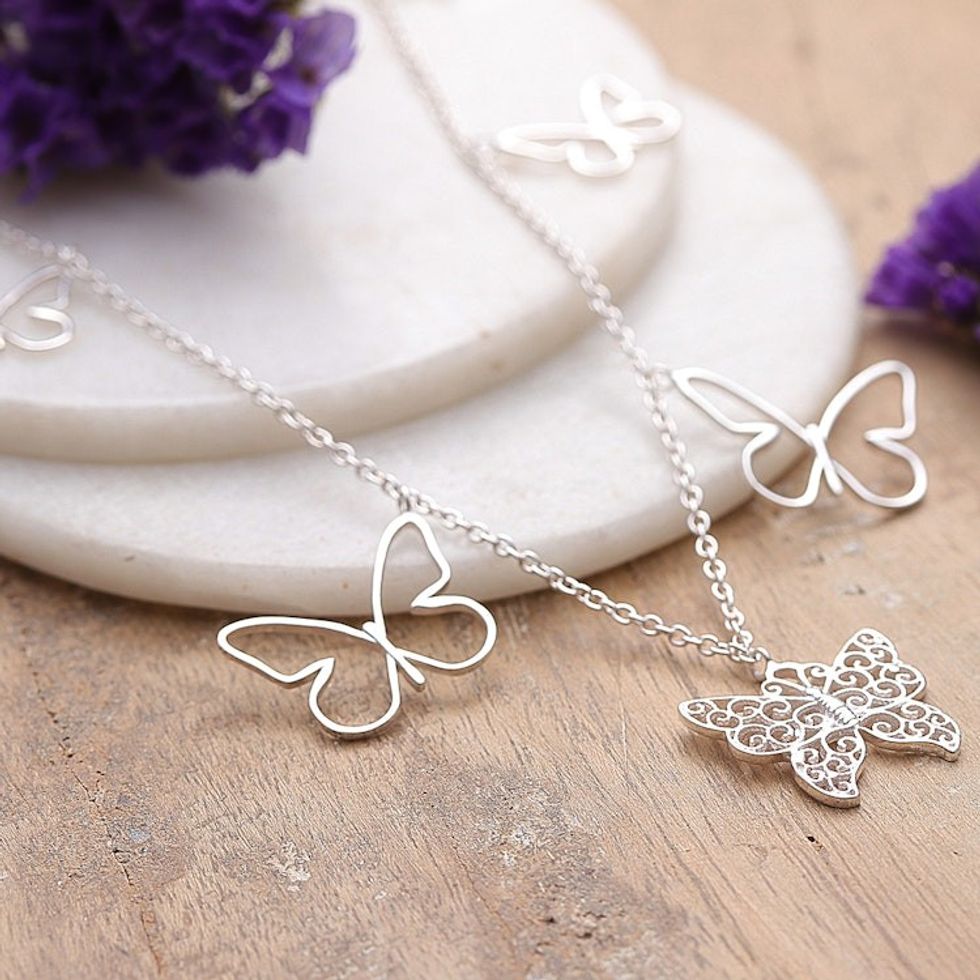 Polished Butterfly-Themed Sterling Silver Charm Necklace 'Enchanted Desires'