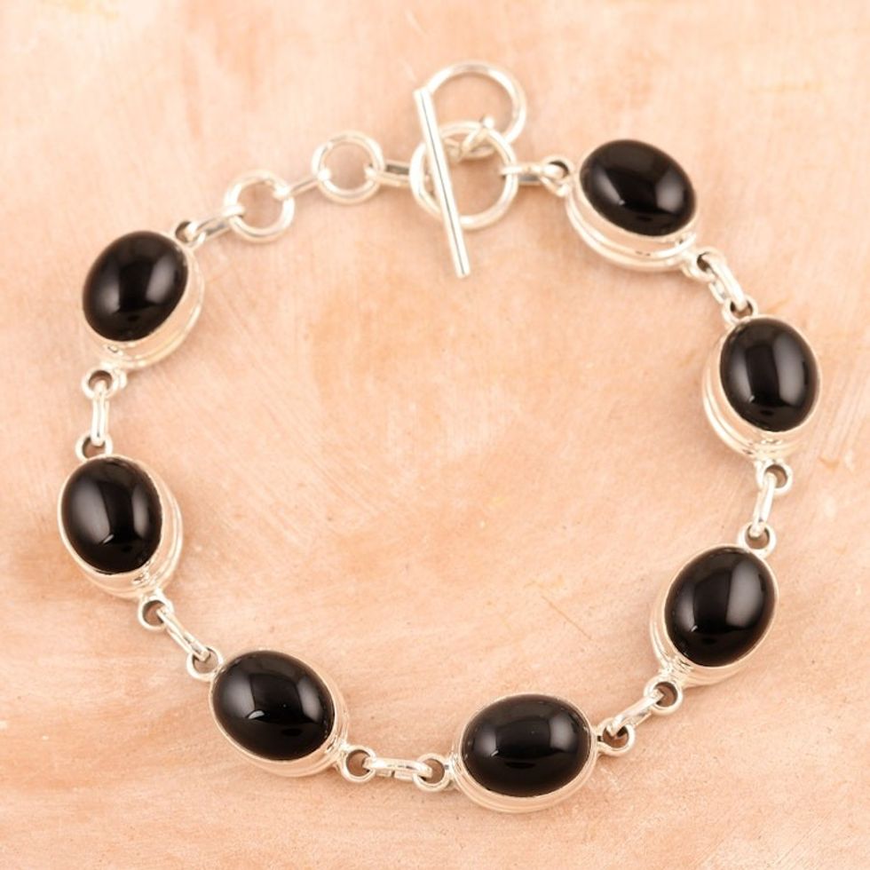Black Onyx Link Bracelet Made from Sterling Silver in India 'Protection Mysteries'