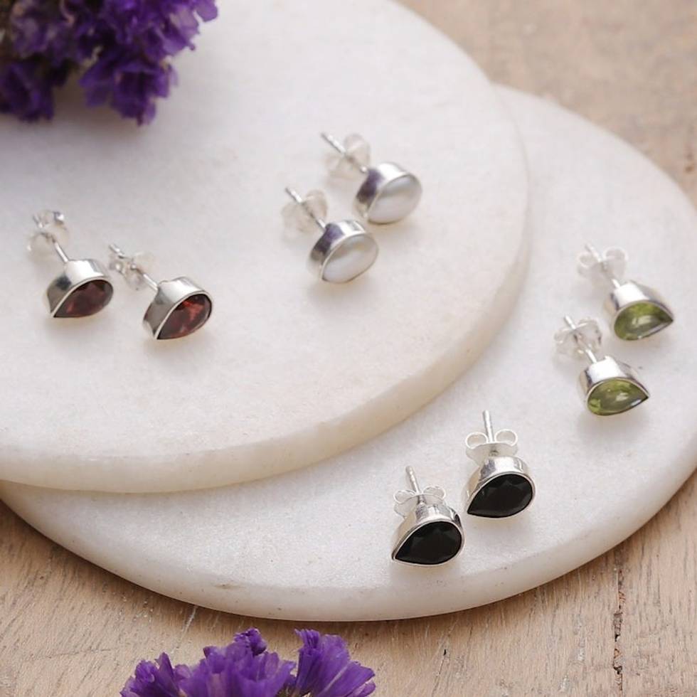 Drop-Shaped Gemstone Stud Earrings from India Set of 4 'Time's Drops'