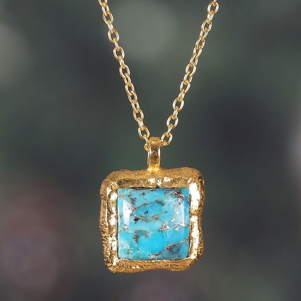 High-Polished 18k Gold-Plated Composite Turquoise Necklace 'Glorious Island'