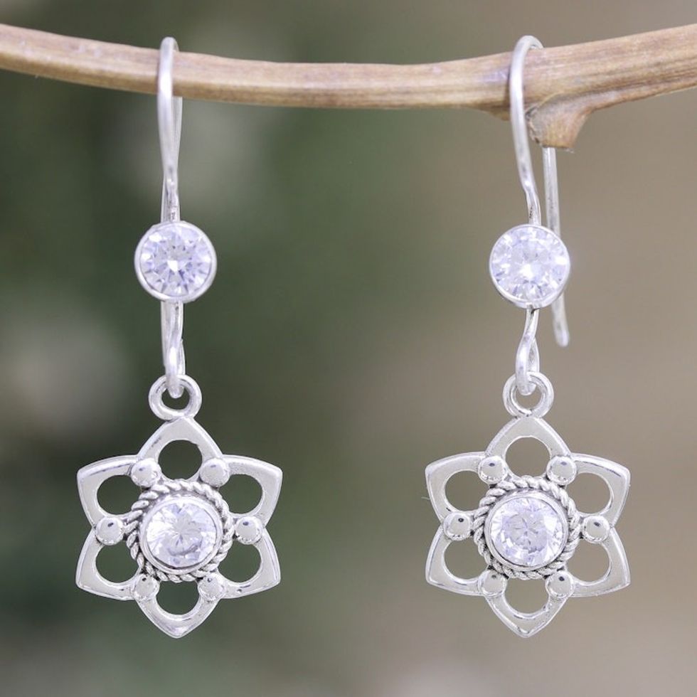 Floral Sterling Silver Dangle Earrings with Cubic Zirconia 'Heaven Flowers'
