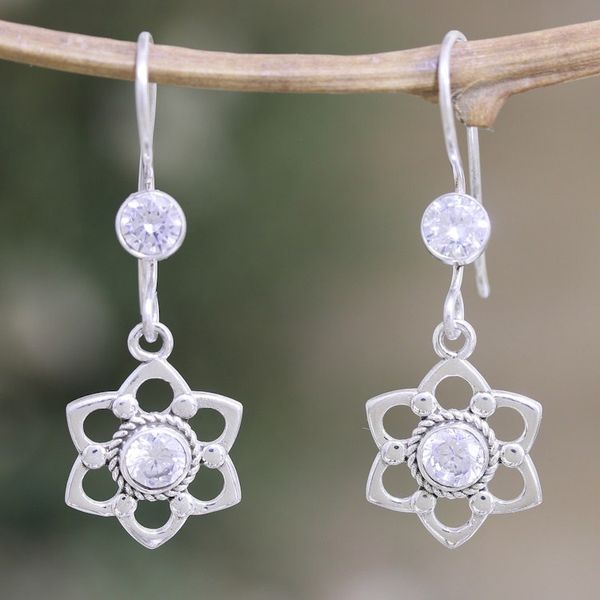 Alternate image for Floral Sterling Silver Dangle Earrings with Cubic Zirconia Heaven Flowers