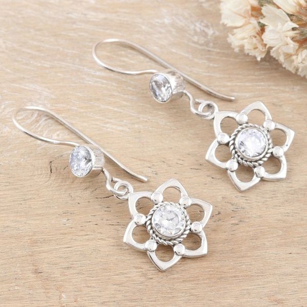 Alternate image for Floral Sterling Silver Dangle Earrings with Cubic Zirconia Heaven Flowers