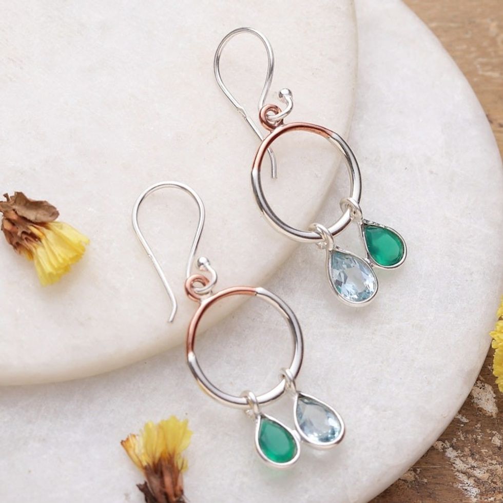Two-Carat Blue Topaz and Onyx Dangle Earrings from India 'Harmonious Drops'
