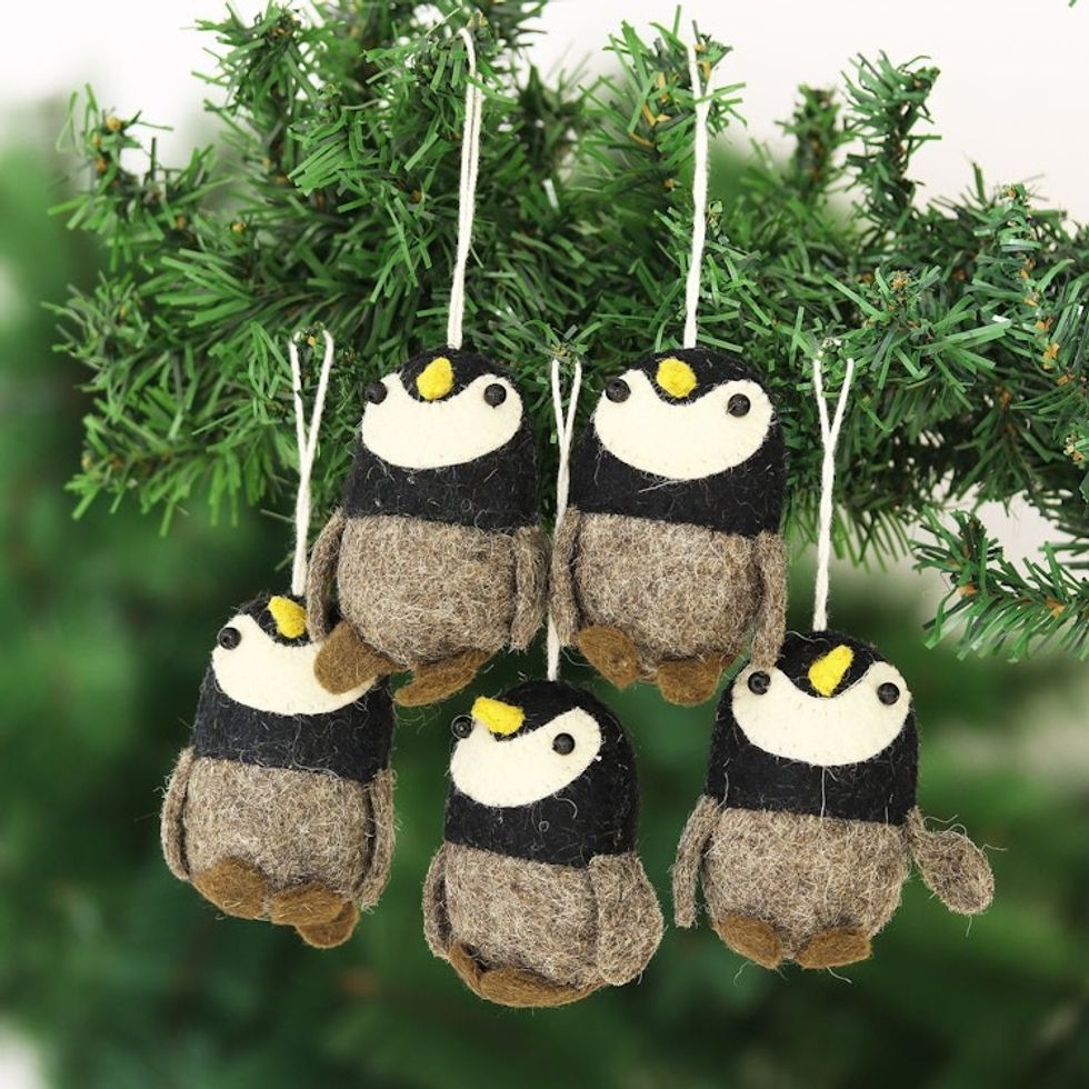Wool Felt Penguin Ornaments Set of 5 'Penguin Charm'