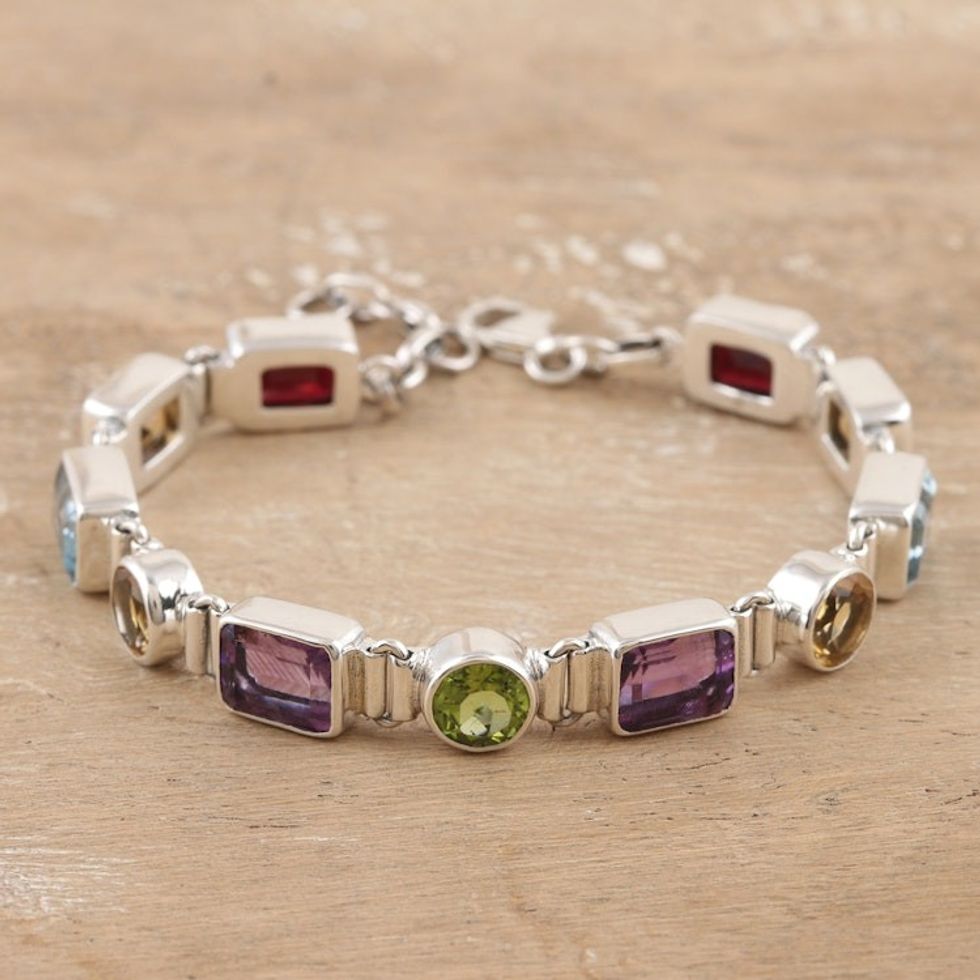 14-Carat Faceted Multi-Gemstone Link Bracelet from India 'United Gems'