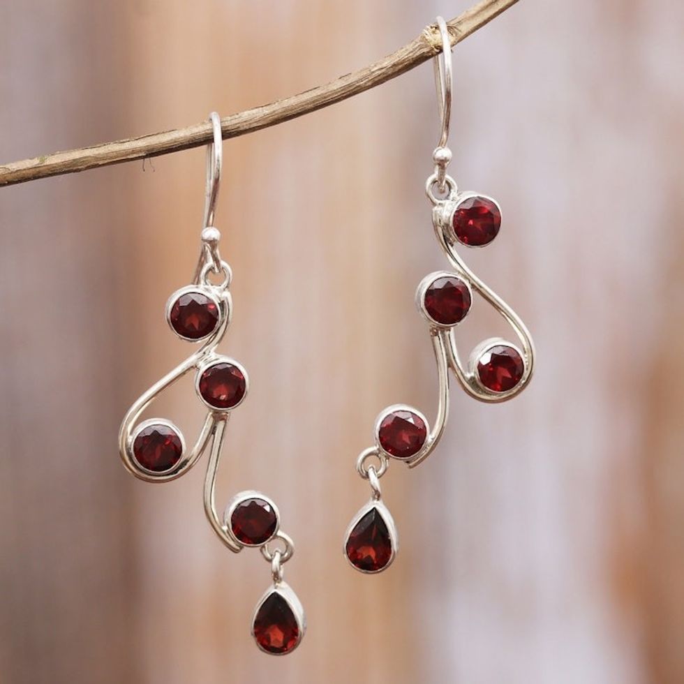 Natural Garnet and Scrolling Sterling Silver Dangle Earrings 'Dancing Passion'