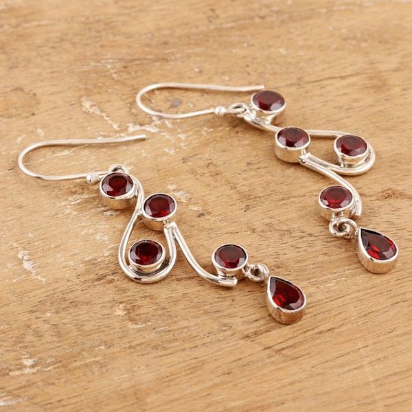 Alternate image for Natural Garnet and Scrolling Sterling Silver Dangle Earrings Dancing Passion