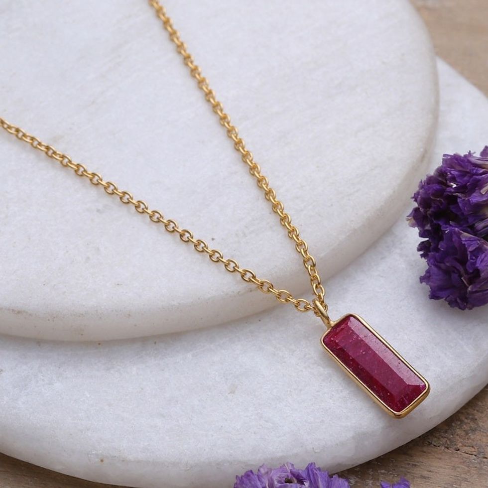 18k Gold-Plated Necklace with Rectangular Ruby Stone Pendant 'Vibrant Glam'