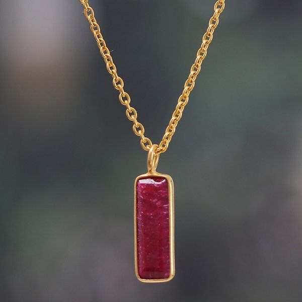 Alternate image for 18k Gold-Plated Necklace with Rectangular Ruby Stone Pendant Vibrant Glam