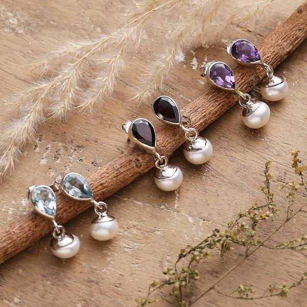 Alternate image for Six-Carat Cultured Pearl and Gemstone Dangle Earrings Pearly Spirits