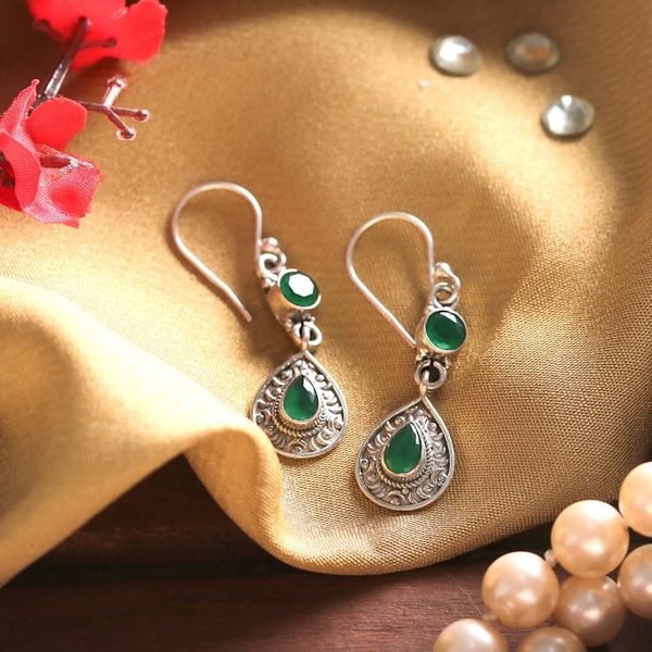Alternate image for Two-Carat Faceted Emerald Dangle Earrings Crafted in India Prosperous Tears