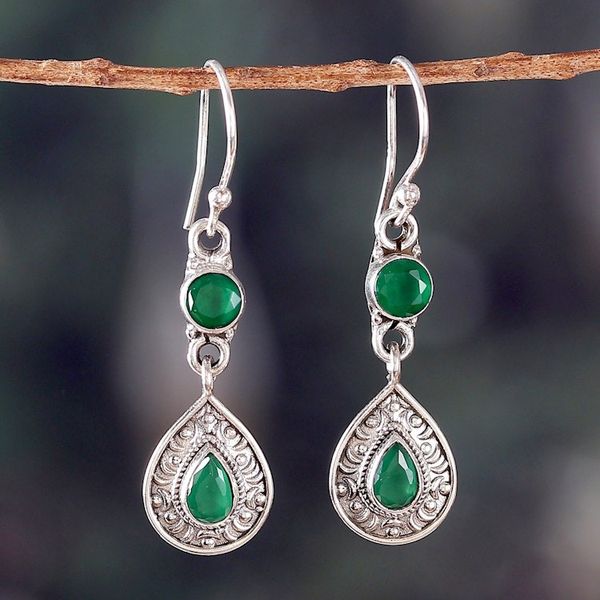 Alternate image for Two-Carat Faceted Emerald Dangle Earrings Crafted in India Prosperous Tears