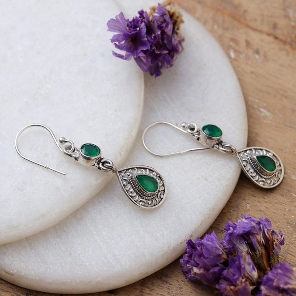 Alternate image for Two-Carat Faceted Emerald Dangle Earrings Crafted in India Prosperous Tears