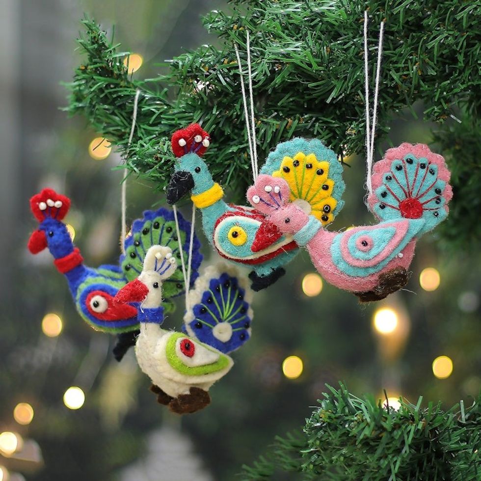 Multicolor Peacock-Shaped 4-Piece Wool Felt Ornament Set 'Festive Peacocks'