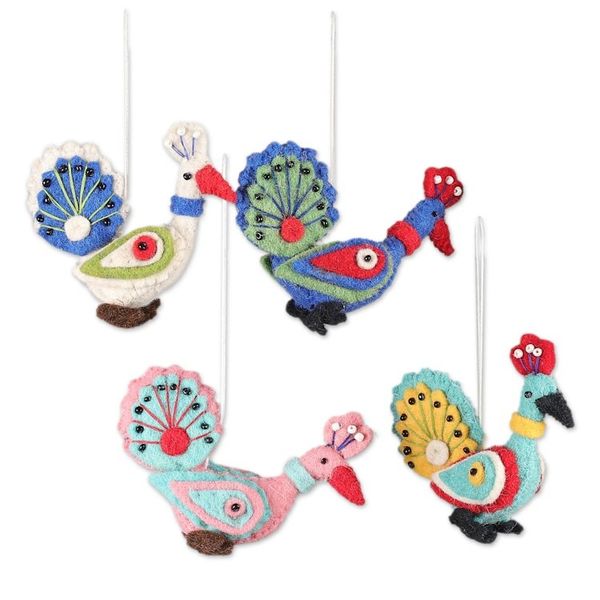 Alternate image for Multicolor Peacock-Shaped 4-Piece Wool Felt Ornament Set Festive Peacocks
