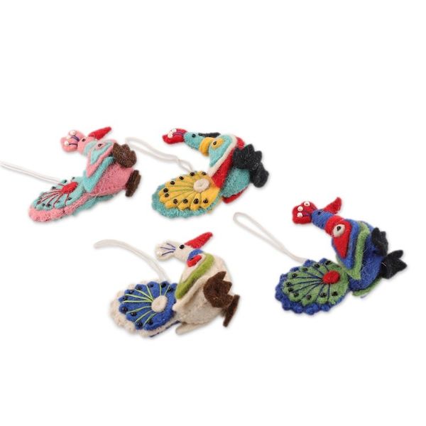 Alternate image for Multicolor Peacock-Shaped 4-Piece Wool Felt Ornament Set Festive Peacocks