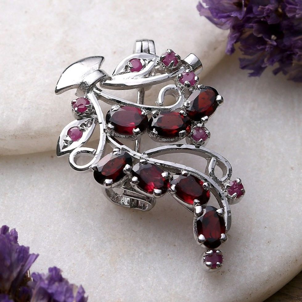 Leafy Rhodium-Plated Three-Carat Garnet and Ruby Brooch Pin 'Crimson Liaison'