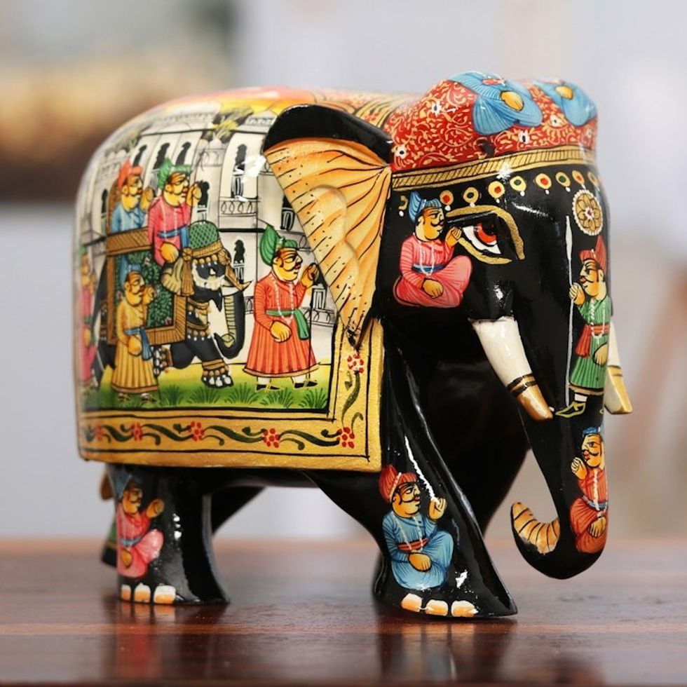 Hand-Painted Traditional Black Elephant Sculpture from India 'King's Procession'