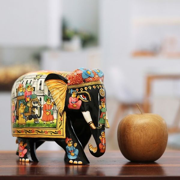 Alternate image for Hand-Painted Traditional Black Elephant Sculpture from India Kings Procession