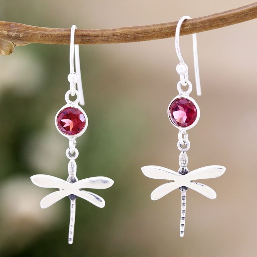 Garnet and Sterling Silver Dangle Earrings of Dragonflies 'Dragonfly Fantasy in Red'