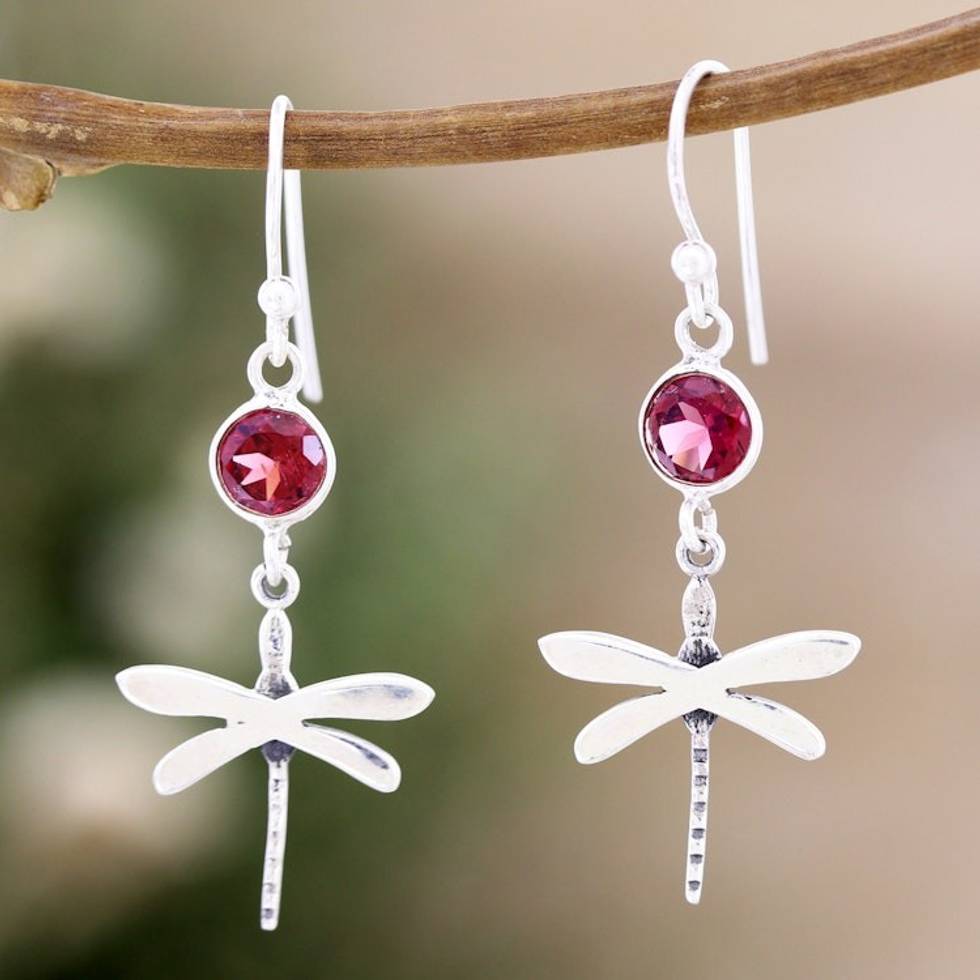 Garnet and Sterling Silver Dangle Earrings of Dragonflies 'Dragonfly Fantasy in Red'
