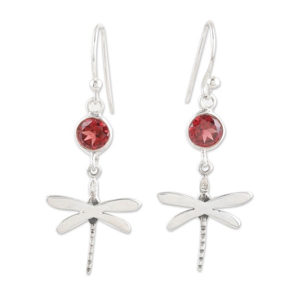 Alternate image for Garnet and Sterling Silver Dangle Earrings of Dragonflies Dragonfly Fantasy in Red