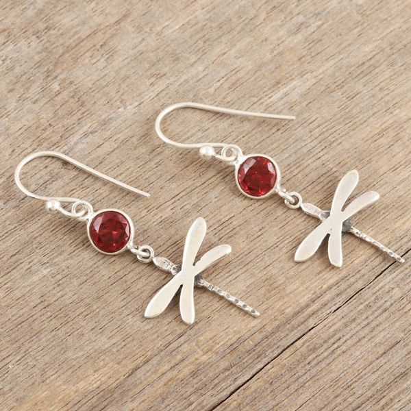 Alternate image for Garnet and Sterling Silver Dangle Earrings of Dragonflies Dragonfly Fantasy in Red