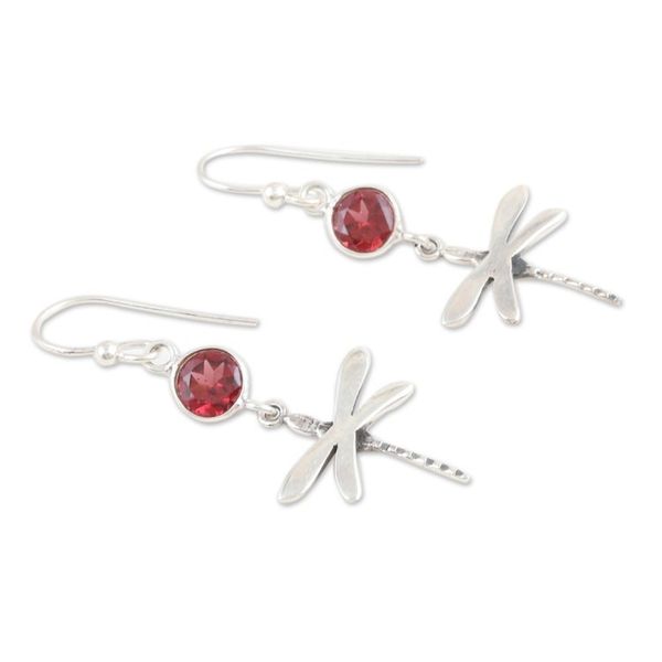 Alternate image for Garnet and Sterling Silver Dangle Earrings of Dragonflies Dragonfly Fantasy in Red