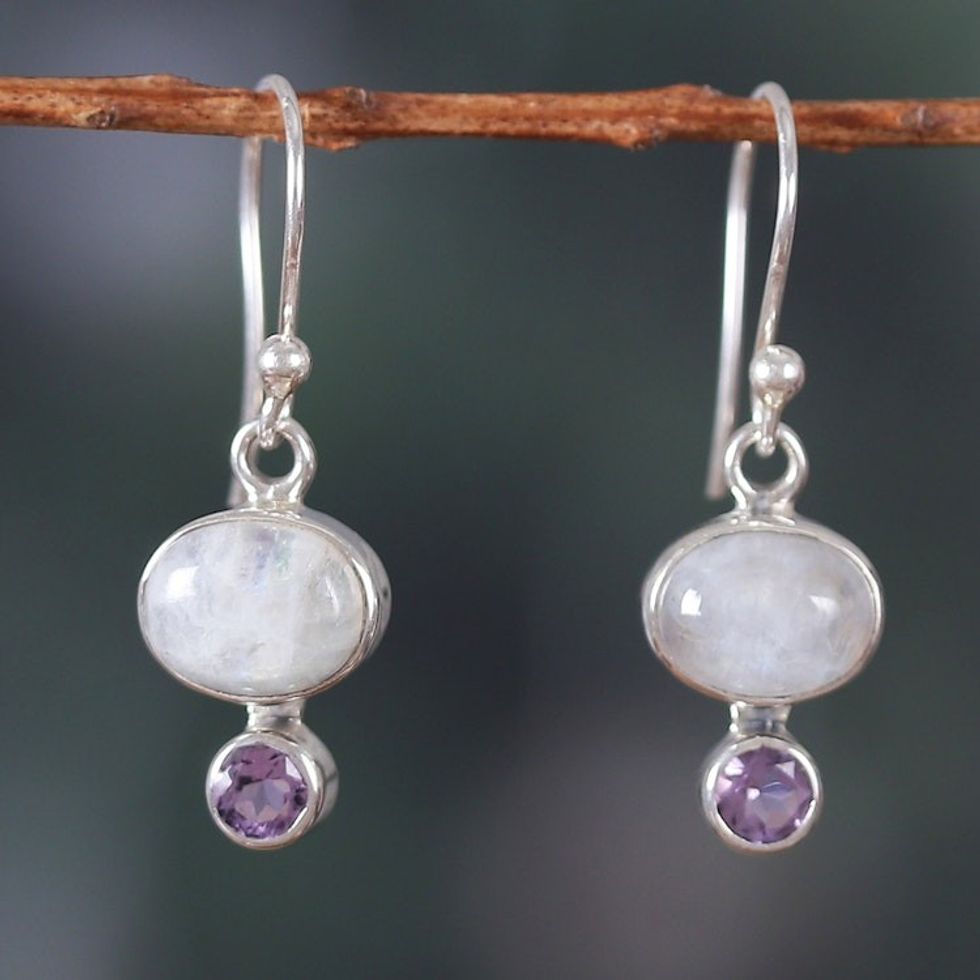 Natural Rainbow Moonstone and Amethyst Dangle Earrings 'Sage's Harmony'