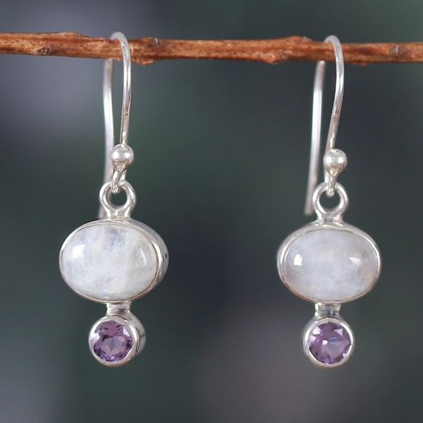 Alternate image for Natural Rainbow Moonstone and Amethyst Dangle Earrings Sages Harmony