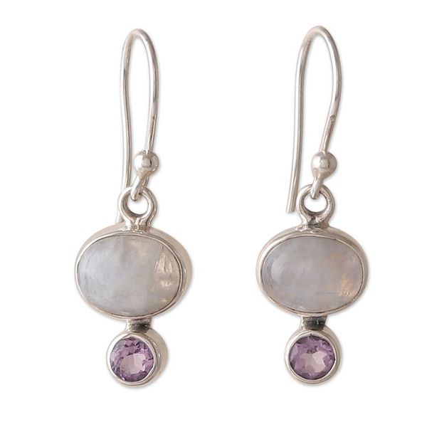 Alternate image for Natural Rainbow Moonstone and Amethyst Dangle Earrings Sages Harmony