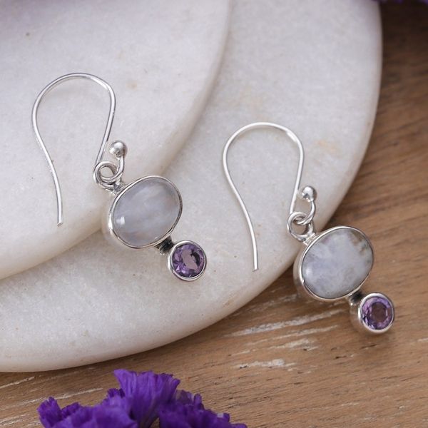 Alternate image for Natural Rainbow Moonstone and Amethyst Dangle Earrings Sages Harmony