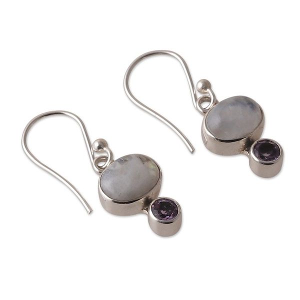 Alternate image for Natural Rainbow Moonstone and Amethyst Dangle Earrings Sages Harmony