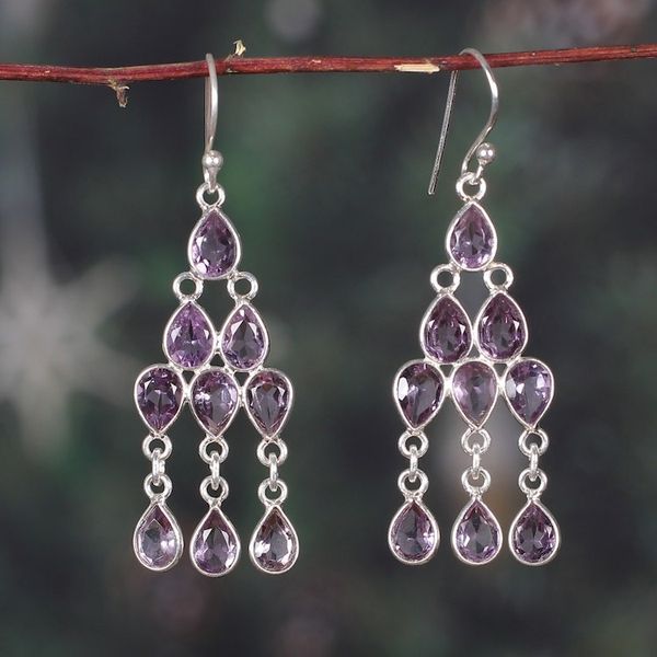 Alternate image for Classic 13-Carat Faceted Pear Amethyst Chandelier Earrings Lavender Cascade