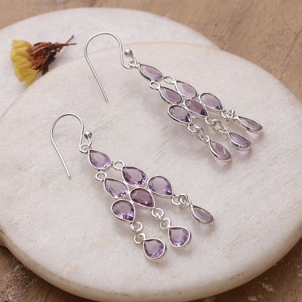 Alternate image for Classic 13-Carat Faceted Pear Amethyst Chandelier Earrings Lavender Cascade