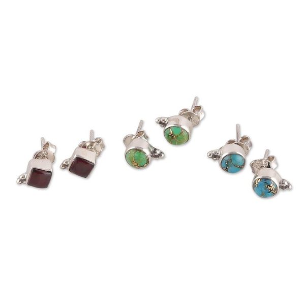 Alternate image for Set of 3 Composite Turquoise and Garnet Stud Earrings Primaveral Appeal