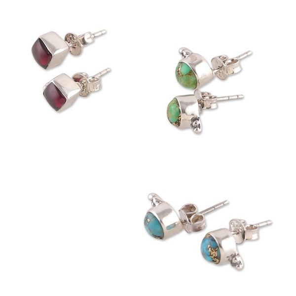 Alternate image for Set of 3 Composite Turquoise and Garnet Stud Earrings Primaveral Appeal